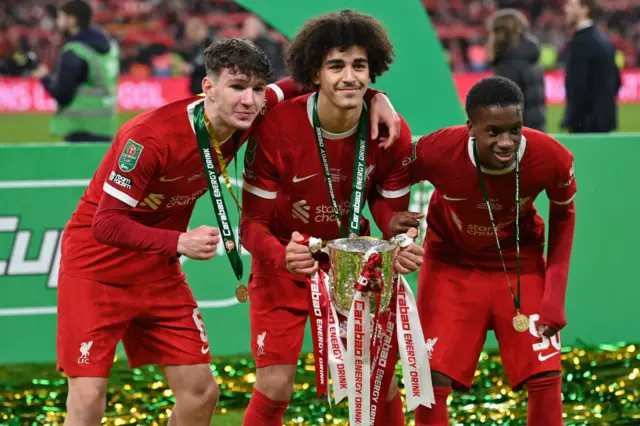 Lewis Koumas (left), Jayden Danns (centre) and Trey Nyoni (right) with the Carabao Cup
