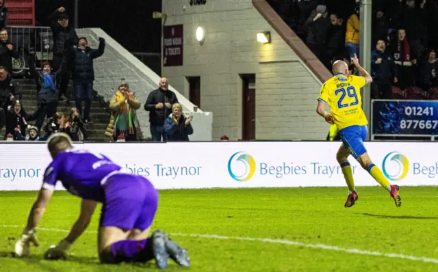 Raith's Zak Rudden celebrates as he scores to make it 1-0 during a cinch Championship match between Arbroath and Raith Rovers at Gayfield Park, on March 01, 2024, in Arbroath, Scotland.