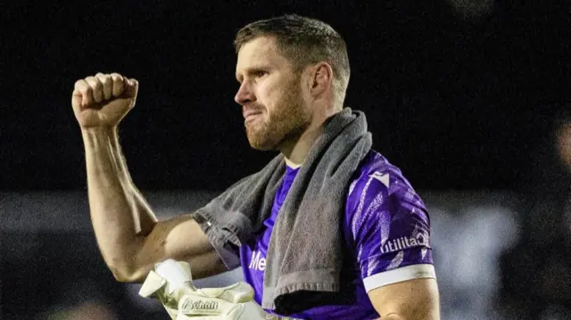 Arbroath's Derek Gaston celebrates at full time during a cinch Championship match between Arbroath and Raith Rovers at Gayfield Park, on March 01, 2024, in Arbroath, Scotland.