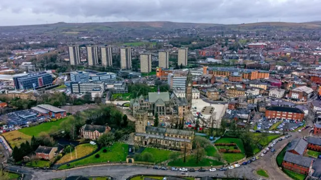 An aerial view of Rochdale Town Centre