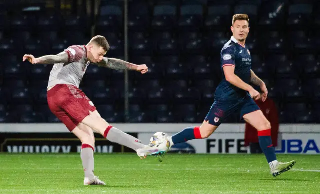 Arbroath's Ali Adams scores to make it 2-1 during a cinch Championship match between Raith Rovers and Arbroath at Starks Park, on December 30, 2023, in Kirkcaldy, Scotland.