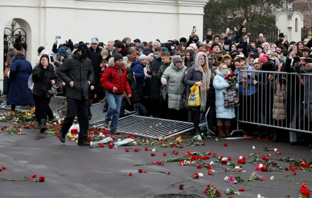 Flowers along Alexei Navalny's funeral route in Moscow