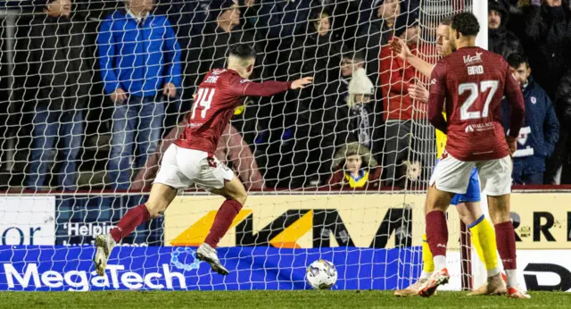 Arbroath's Mark Stowe celebrates as he scores to make it 3-2 during a cinch Championship match between Arbroath and Raith Rovers at Gayfield Park, on March 01, 2024, in Arbroath, Scotland.