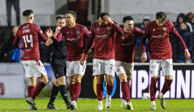 Arbroath's Leighton McIntosh celebrates as he scores to make it 2-2 during a cinch Championship match between Arbroath and Raith Rovers at Gayfield Park, on March 01, 2024, in Arbroath, Scotland.