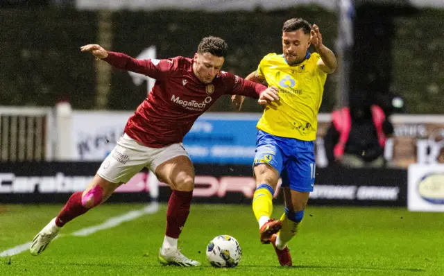 Arbroath's Michael McKenna and Raith's Lewis Vaughan in action during a cinch Championship match between Arbroath and Raith Rovers at Gayfield Park, on March 01, 2024, in Arbroath, Scotland.