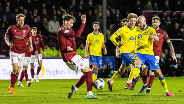 Raith's Zak Rudden scores to make it 1-0 during a cinch Championship match between Arbroath and Raith Rovers at Gayfield Park, on March 01, 2024, in Arbroath, Scotland.