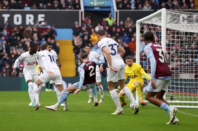 Matty Cash of Aston Villa shoots wide