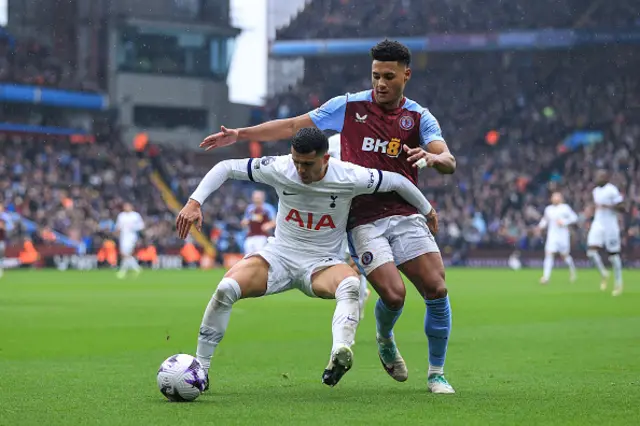 Pedro Porro of Tottenham Hotspur and Ollie Watkins battle for the ball