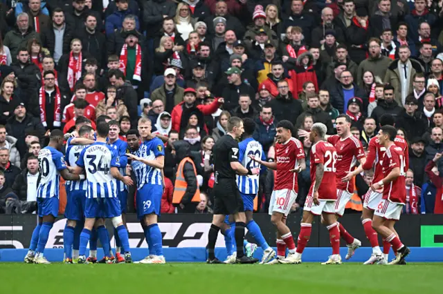 Morgan Gibbs-White of Nottingham Forest protests towards Referee Michael Salisbury