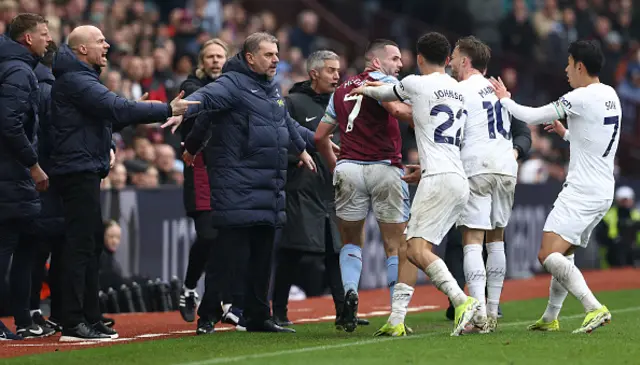 Son Heung-Min James Maddison and Brennan Johnson remonstrate with John McGinn