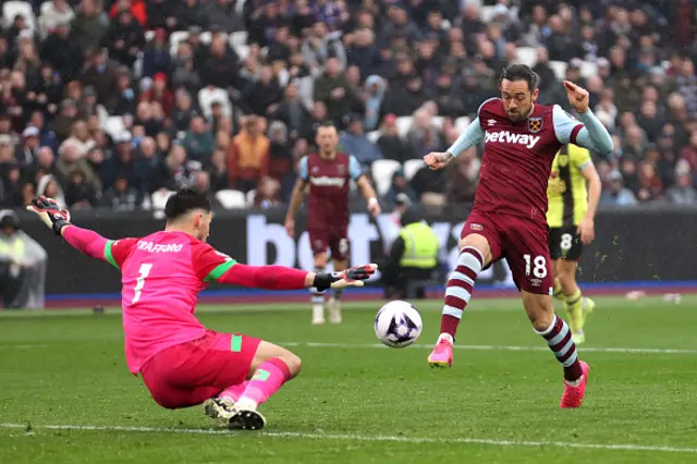 Danny Ings of West Ham United scores his team's second goal past James Trafford