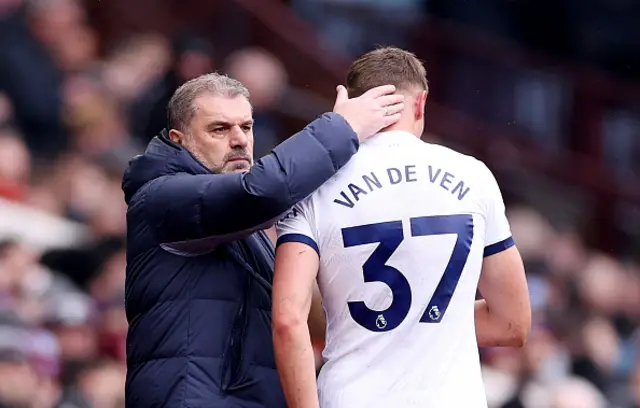 Ange Postecoglou, Manager of Tottenham Hotspur, consoles Micky van de Ven