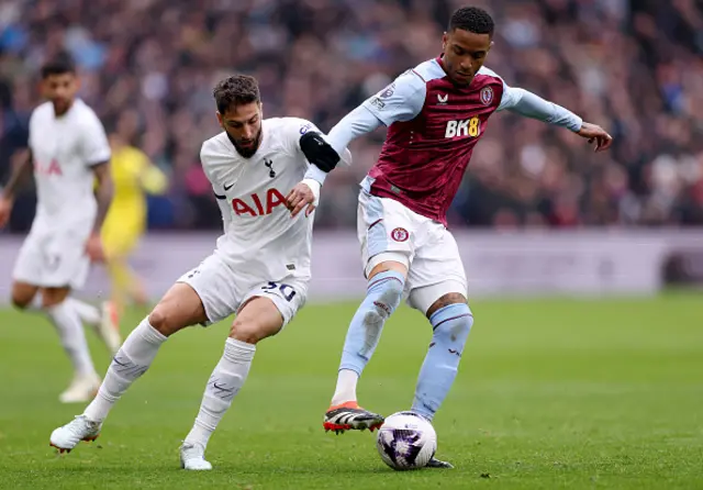 Ezri Konsa of Aston Villa is challenged by Rodrigo Bentancur