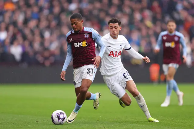 Leon Bailey of Aston Villa is challenged by Brennan Johnson