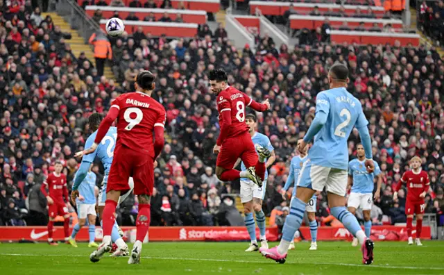 Dominik Szoboszlai of Liverpool heads a chance