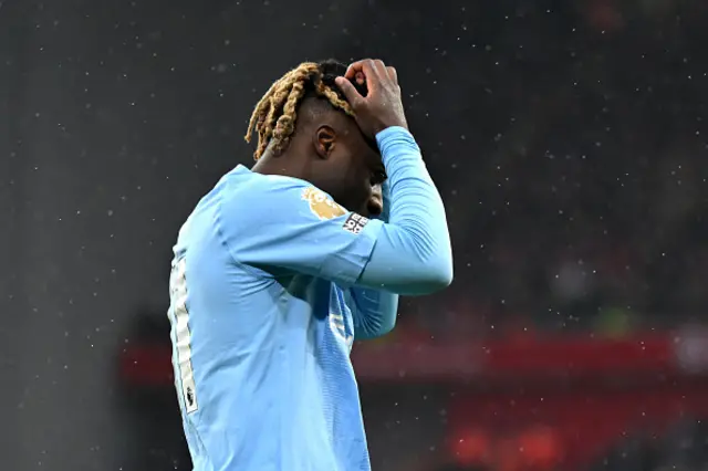 : Jeremy Doku of Manchester City reacts