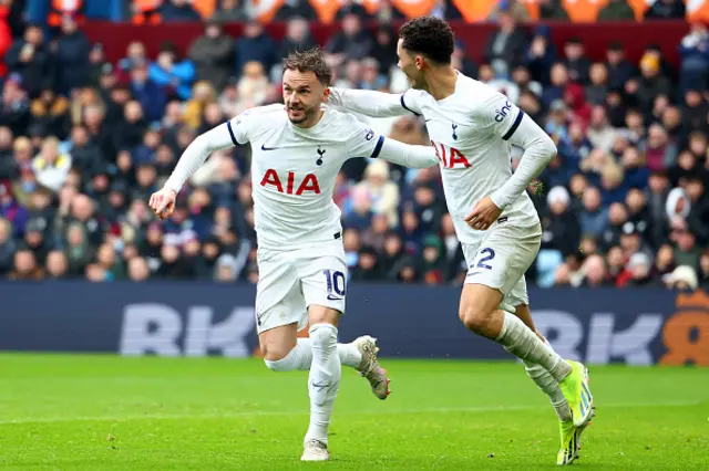 James Maddison of Tottenham Hotspur celebrates with Brennan Johnson