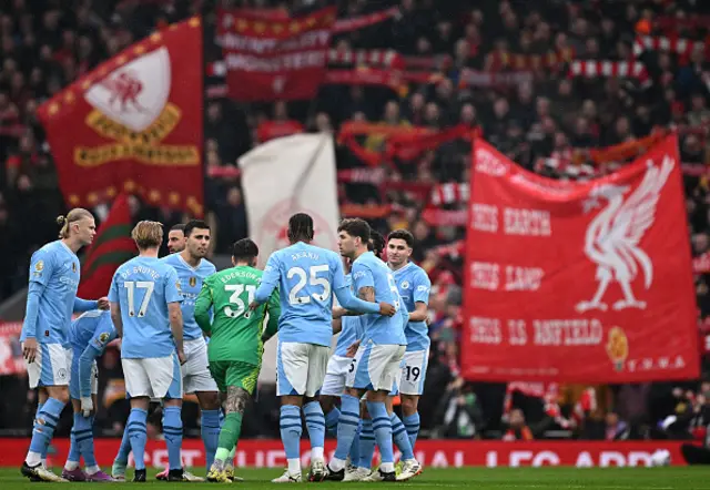 Manchester City huddle before kick off in the English Premier League football match