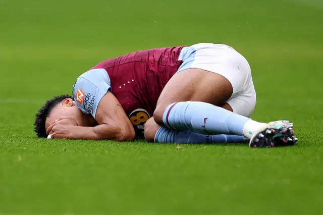 Ollie Watkins of Aston Villa reacts whilst holding his face