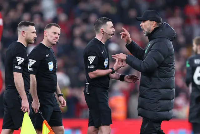 Jurgen Klopp the manager of Liverpool FC argues with referee Michael Oliver