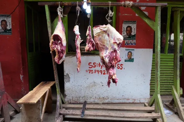 Hooked meat on butcher storefront on Septembre 21, 2018 in Entebbe, Kampala district, Uganda