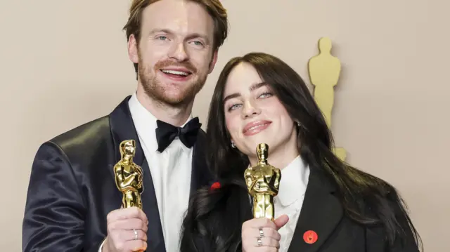 Finneas O'Connell (L) and Billie Eilish, winners of the Oscar for Best Original Song for 'What Was I Made For?'