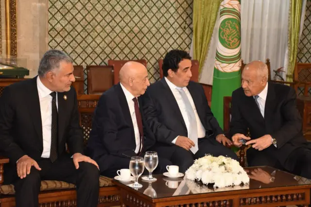 Arab League Secretary General Ahmed Aboul Gheit with the leaders of Libya's rival governments during talks held on 10 March 2024 in Cairo, Egypt