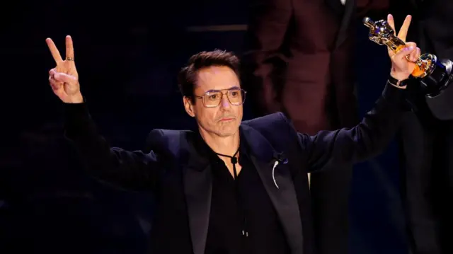 Robert Downey Jr. wins the Oscar for Best Supporting Actor for "Oppenheimer" during the Oscars show at the 96th Academy Awards in Hollywood, Los Angeles, California, U.S., March 10, 2024.