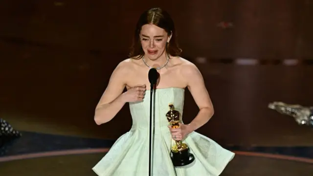 US actress Emma Stone accepts the award for Best Actress in a Leading Role for "Poor Things" onstage during the 96th Annual Academy Awards at the Dolby Theatre in Hollywood, California on March 10, 2024.