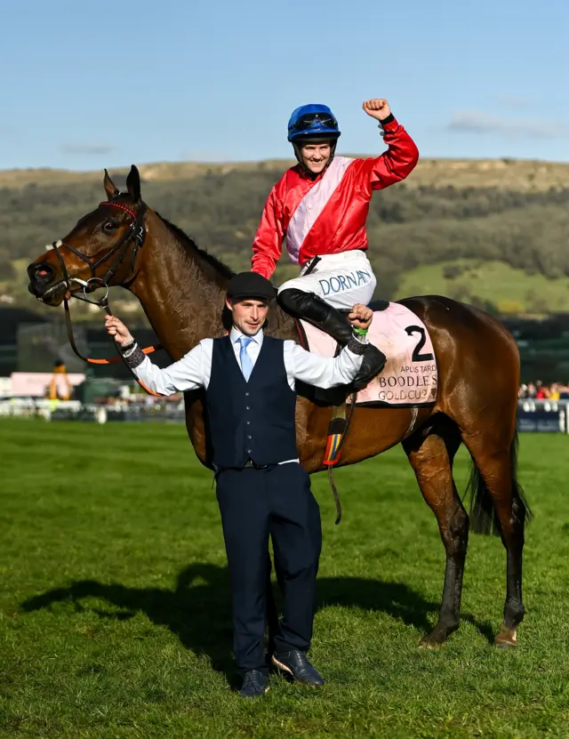 Rachael Blackmore celebrates A Plus Tard's 2022 Gold Cup win