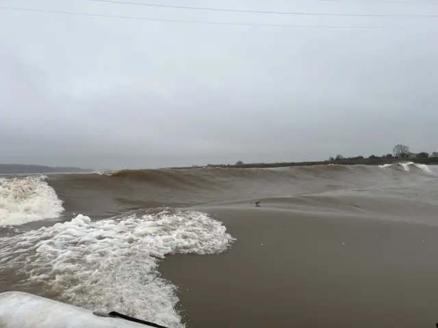 Here is a picture of the Severn Bore taken by the camera live on a boat following the bore down the river, 12 March 2024