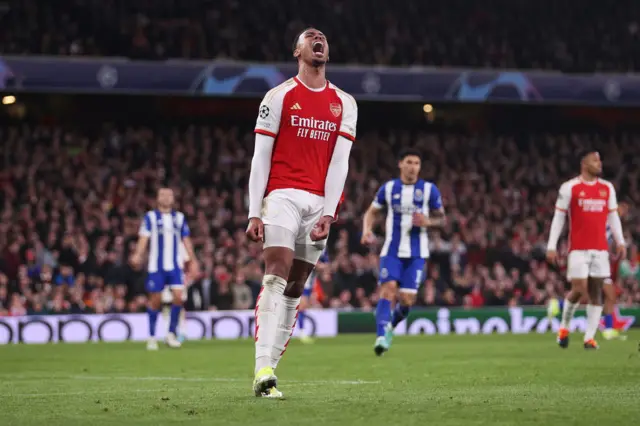 Gabriel shouts into the air after a close call for Arsenal.