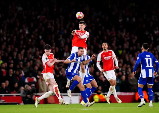 Havertz rises highest to win a long ball.