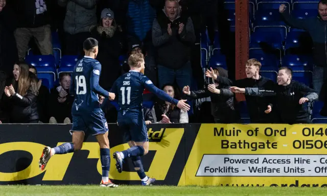 Ross County's Josh Sims celebrates after scoring to make it 1-0 during a cinch Premiership match between Ross County and Hibernian at the Global Energy Stadium