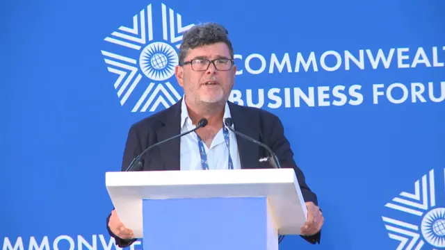 Screen grab taken from the CHOGM 2022 YouTube channel of Frank Hester OBE speaking at a Commonwealth Business Forum event in Kigali, Rwanda.