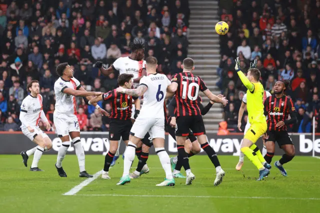 Adebayo heads home for Luton v Bournemouth.