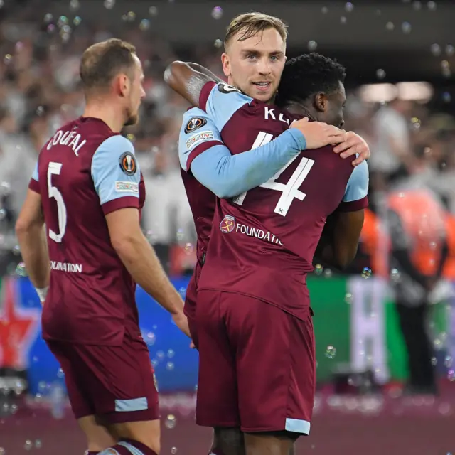 Bowen and Kudus embrace after another West Ham goal