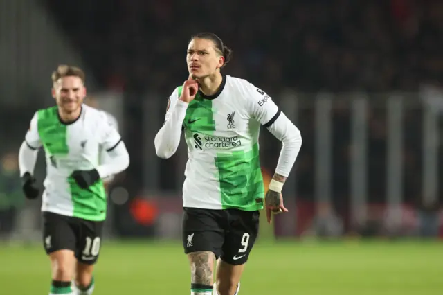 Nunez celebrates his goal v Sparta Prague by pointing to his ear.