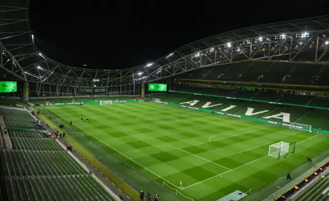 General view of Aviva Staium at night.