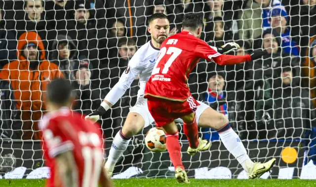 Benfica's Rafa Silva scores to make it 1-0 during a UEFA Europa League Round of 16 second leg match between Rangers and Benfica at Ibrox Stadium