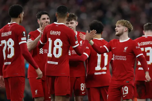 Liverpool players celebrate together