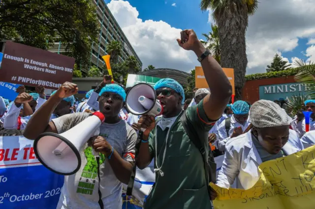 Healthcare workers gather at the call of the Kenya Medical Practitioners Pharmacists Dentists Union (KMPDU), which issued a seven-day nationwide strike to demand improved living conditions and higher wages in Nairobi, Kenya on March 4, 2024