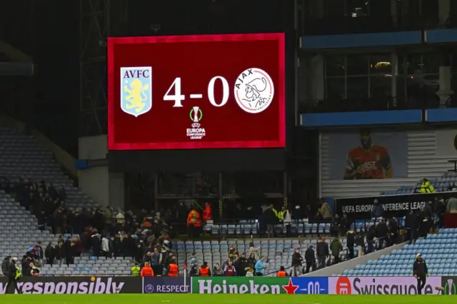 Scoreboard showing Villa's huge win v Ajax