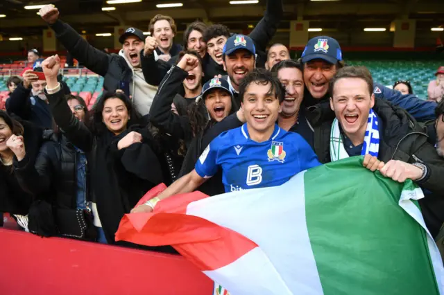 Ange Capuozzo celebrates Italy's 2022 victory over Wales