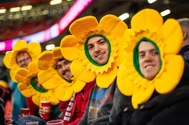 Wales fans in daffodil hats