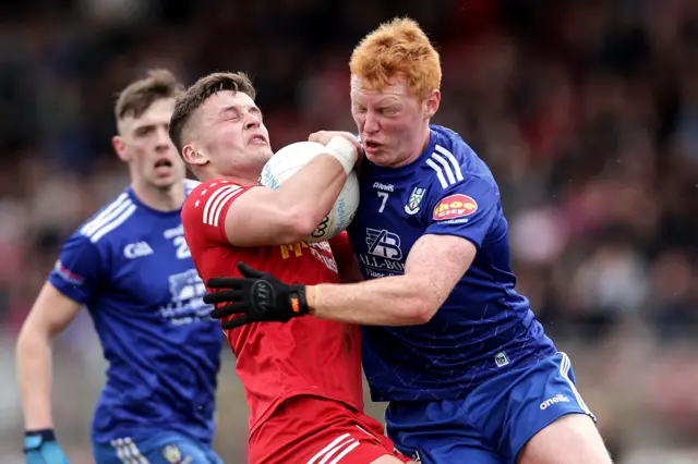 Monaghan's Ryan O'Toole battles with Tyrone's Michael McKernan in last April's Ulster Championship game at Healy Park