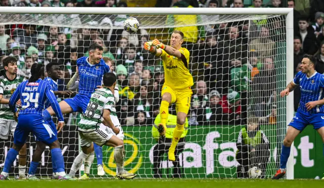 Celtic goalkeeper Joe Hart makes a punched clearance against St Johnstone