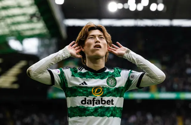 Kyogo Furuhashi celebrates after scoring for Celtic against St Johnstone