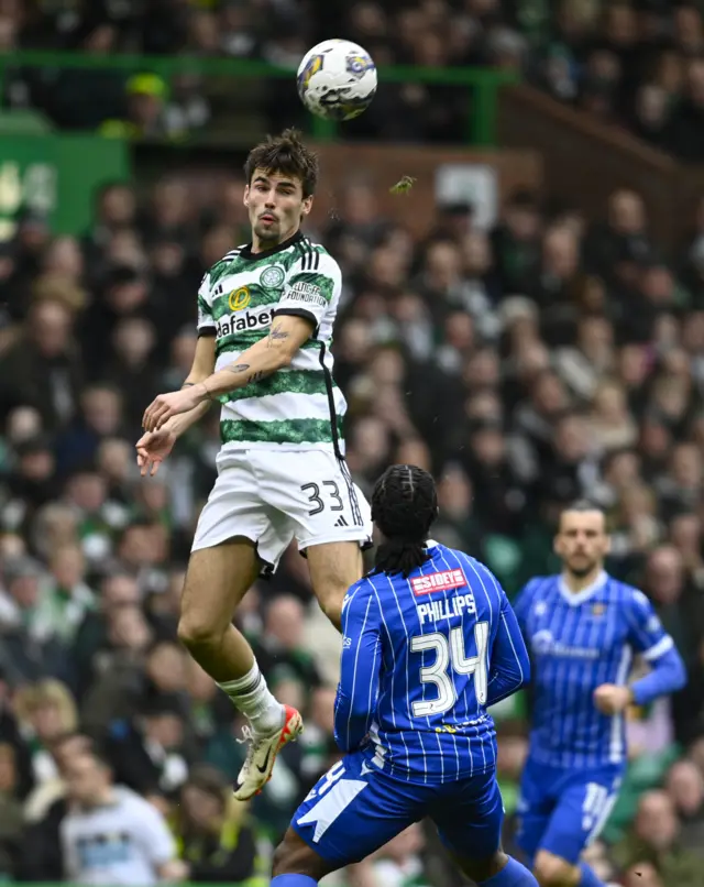 Celtic's Matt O'Riley heads the ball in mid-air