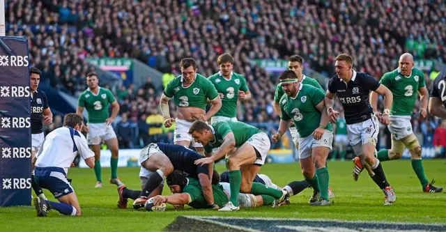 Ireland score a try against Scotland